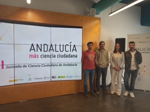 Pablo González, José Guerrero, Rocío Serrano y Faustino Habas, de los proyectos DehesAlert e IncluScience-Me en la I Jornada de Ciencia Ciudadana en Andalucía